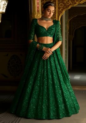Green Embroidered Net Lehenga Set