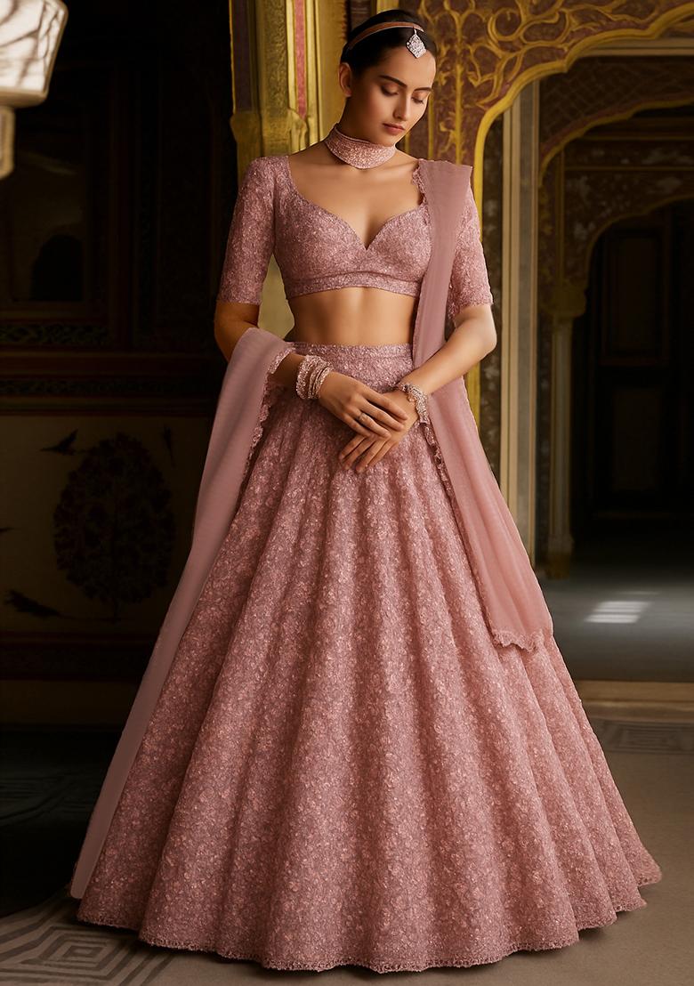 Mauve Embroidered Net Lehenga Set