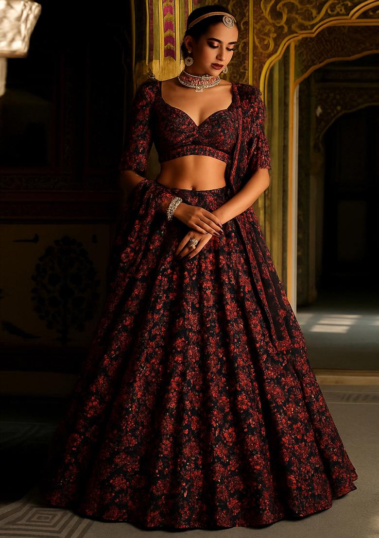 Black And Red Embroidered Net Lehenga Set