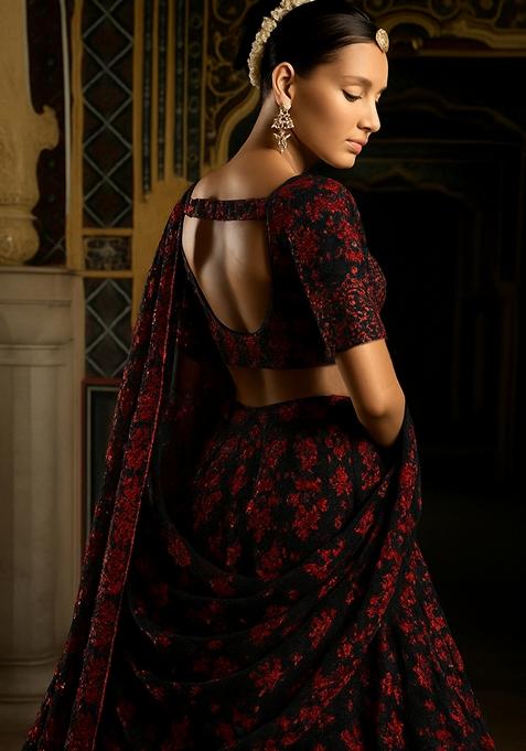Black And Red Embroidered Net Lehenga Set