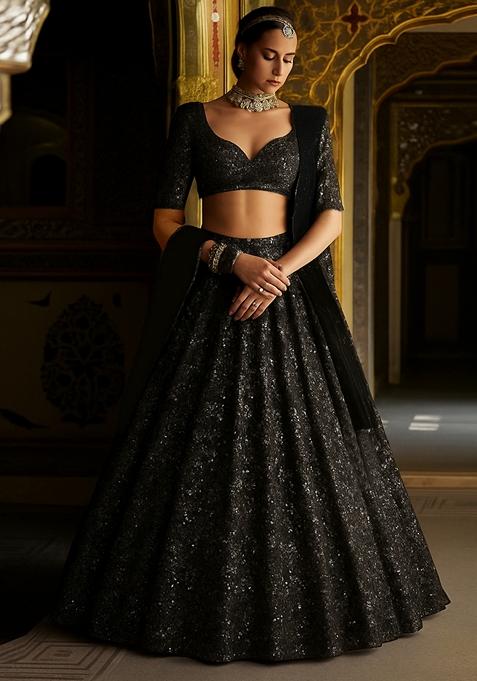 Black Embroidered Net Lehenga Set