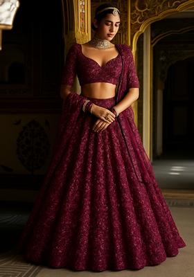 Purple Embroidered Net Lehenga Set