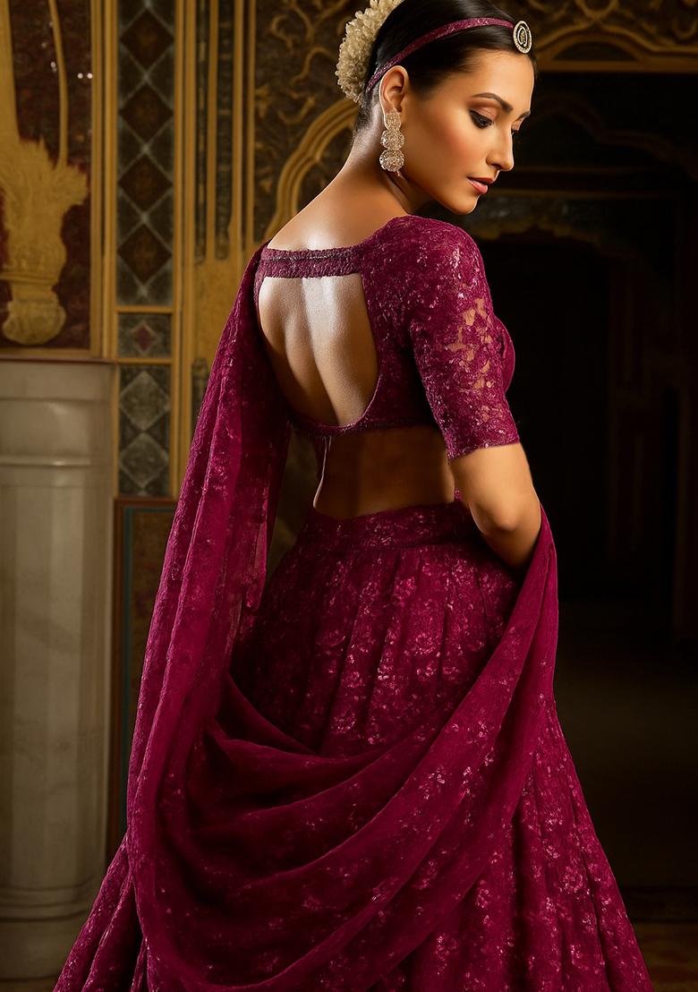 Purple Embroidered Net Lehenga Set - Indya