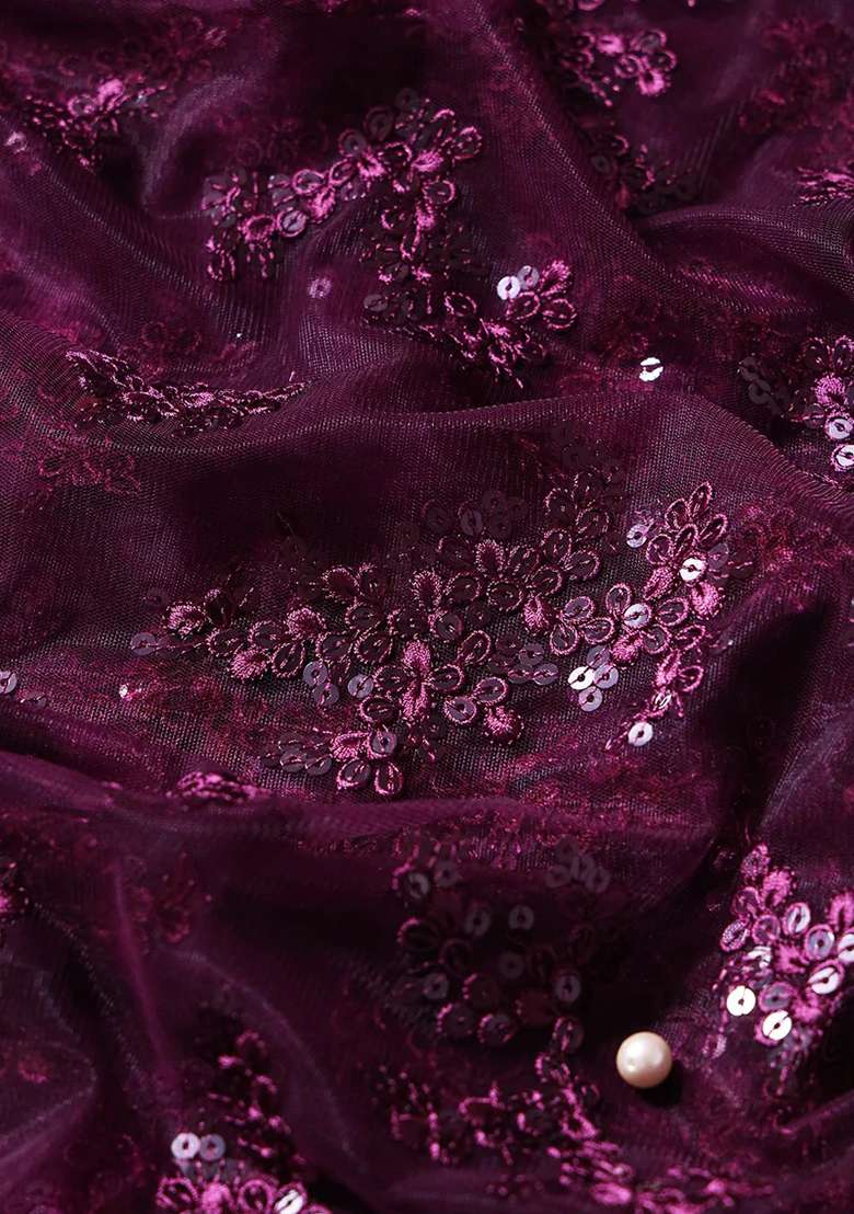 Purple Embroidered Net Lehenga Set - Indya