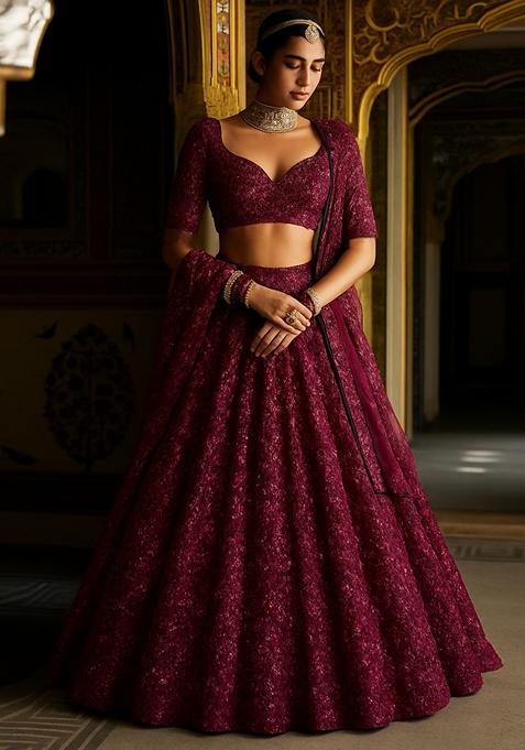 Purple Embroidered Net Lehenga Set
