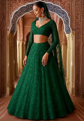 Green Embroidered Net Lehenga Set