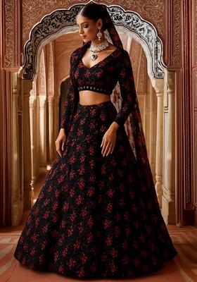 Black And Red Embroidered Net Lehenga Set