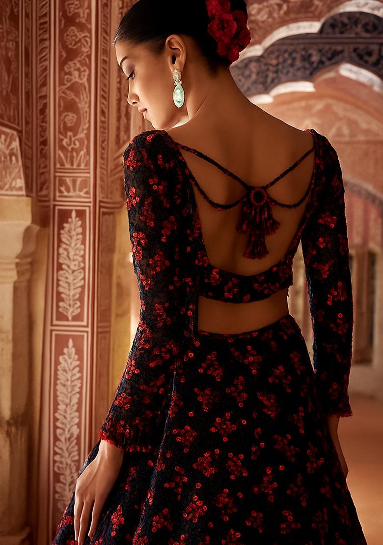 Black And Red Embroidered Net Lehenga Set - Indya