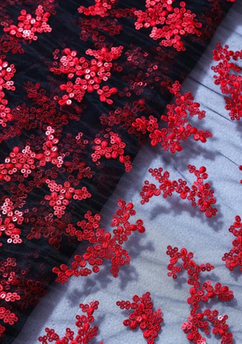 Black And Red Embroidered Net Lehenga Set - Indya