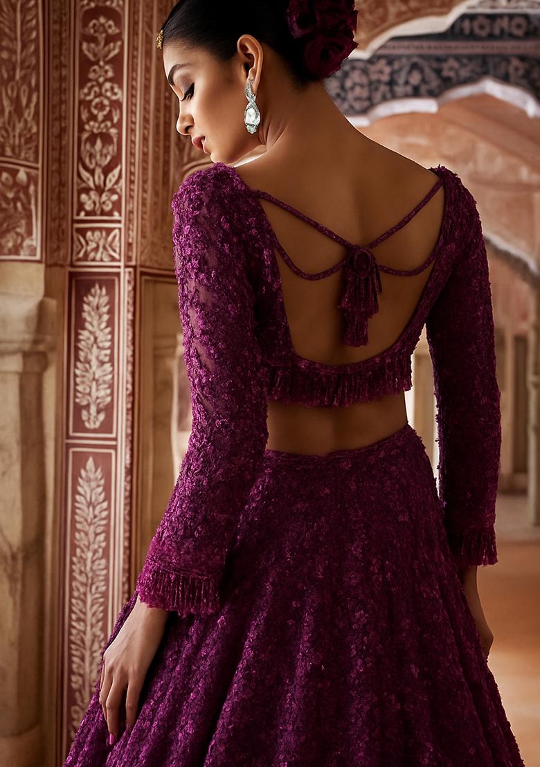 Purple Embroidered Net Lehenga Set - Indya