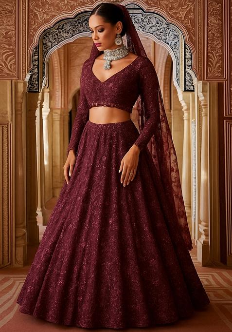 Purple Embroidered Net Lehenga Set