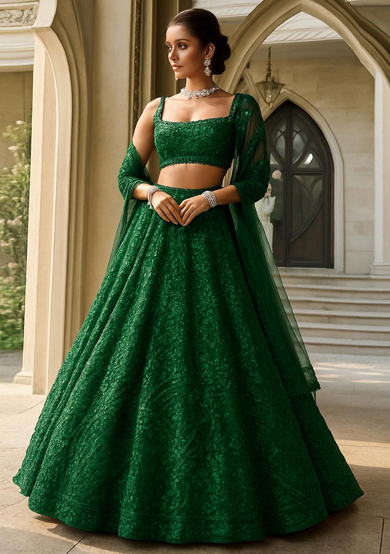 Green Embroidered Net Lehenga Set