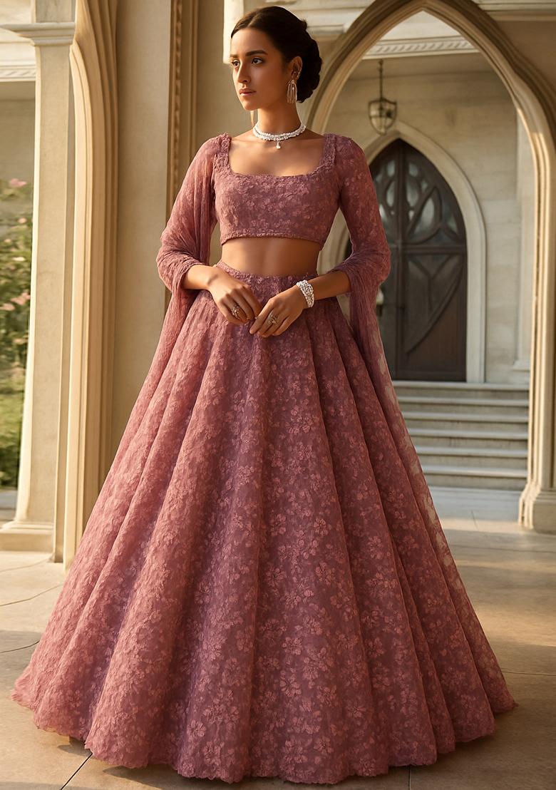 Mauve Embroidered Net Lehenga Set