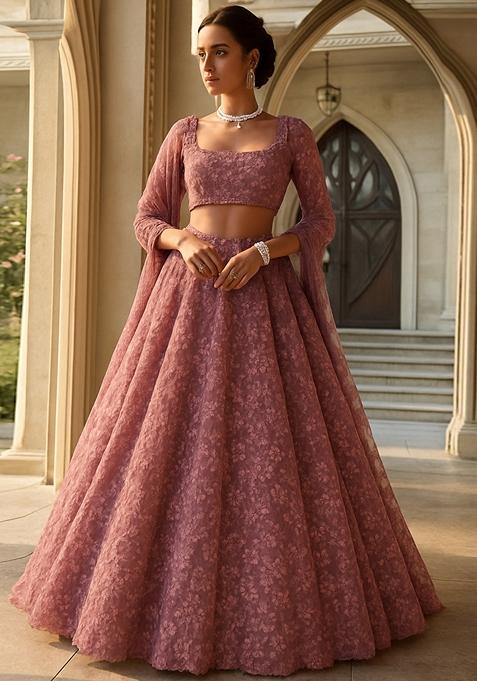 Mauve Embroidered Net Lehenga Set