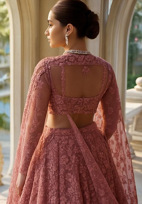 Mauve Embroidered Net Lehenga Set