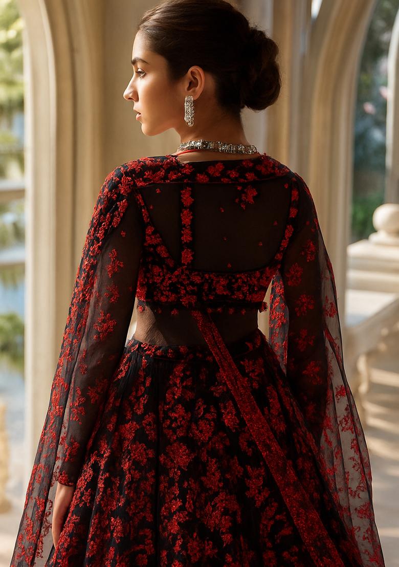 Black And Red Embroidered Net Lehenga Set - Indya