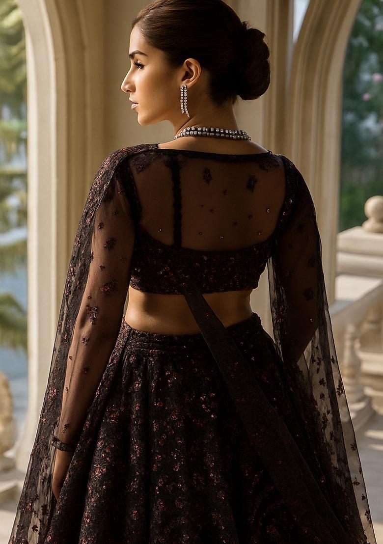Black Embroidered Net Lehenga Set - Indya