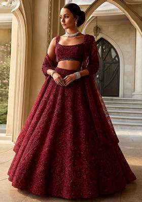 Purple Embroidered Net Lehenga Set