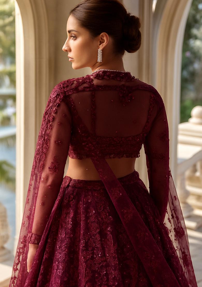 Purple Embroidered Net Lehenga Set - Indya