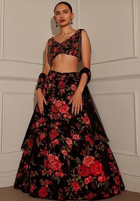 Black Embroidered Georgette Lehenga Set