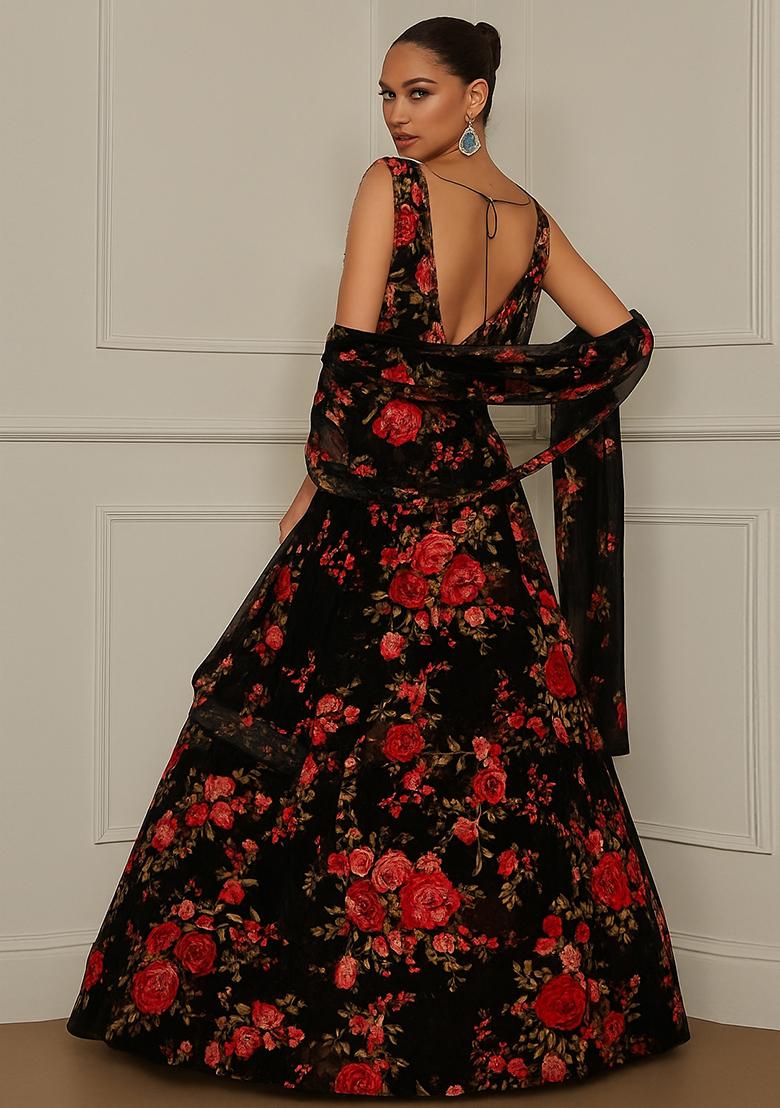 Black Embroidered Georgette Lehenga Set - Indya