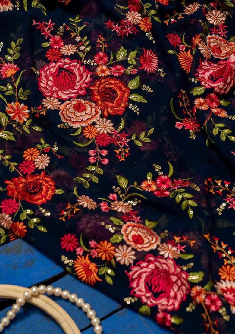 Black Embroidered Georgette Lehenga Set - Indya