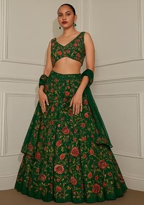Green Embroidered Georgette Lehenga Set