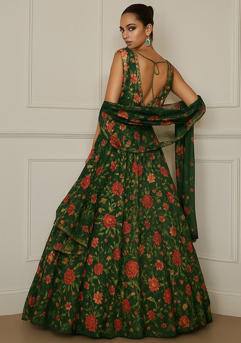 Green Embroidered Georgette Lehenga Set - Indya