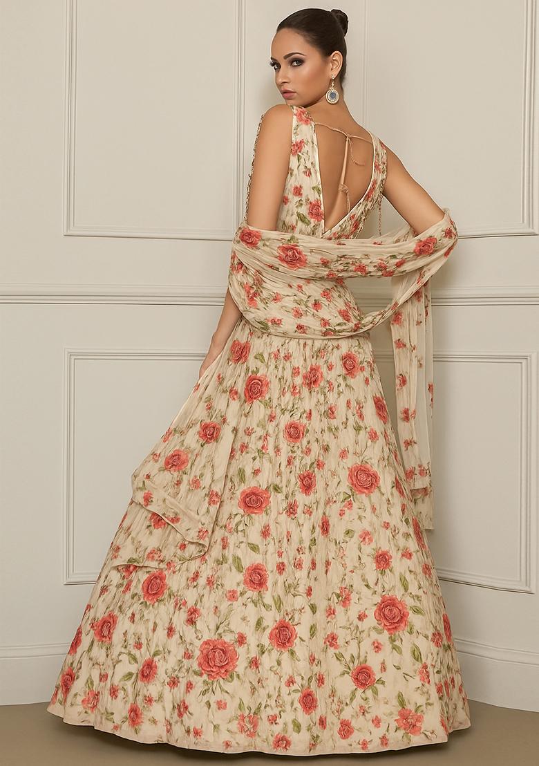 Beige Embroidered Georgette Lehenga Set - Indya