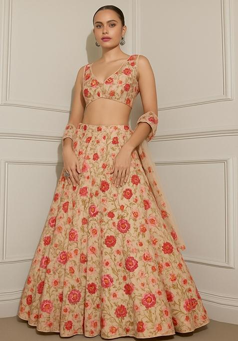 Beige Embroidered Georgette Lehenga Set