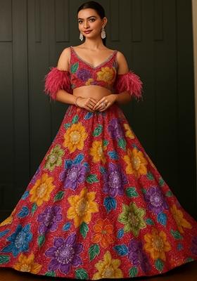 Pink Embroidered Crepe Lehenga Set