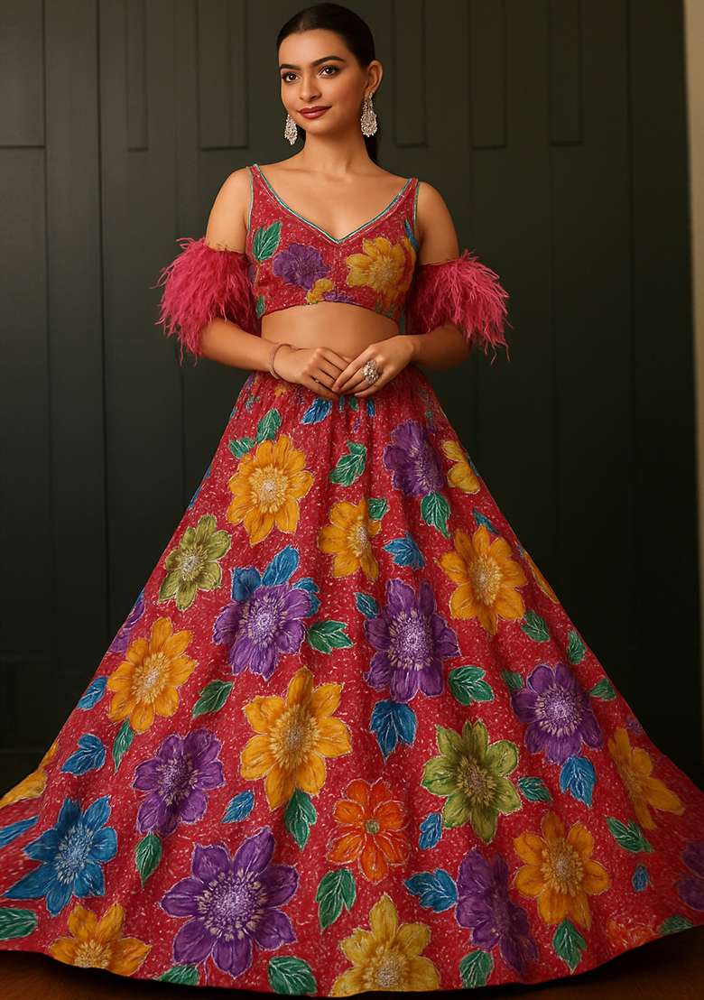 Pink Embroidered Crepe Lehenga Set - Indya