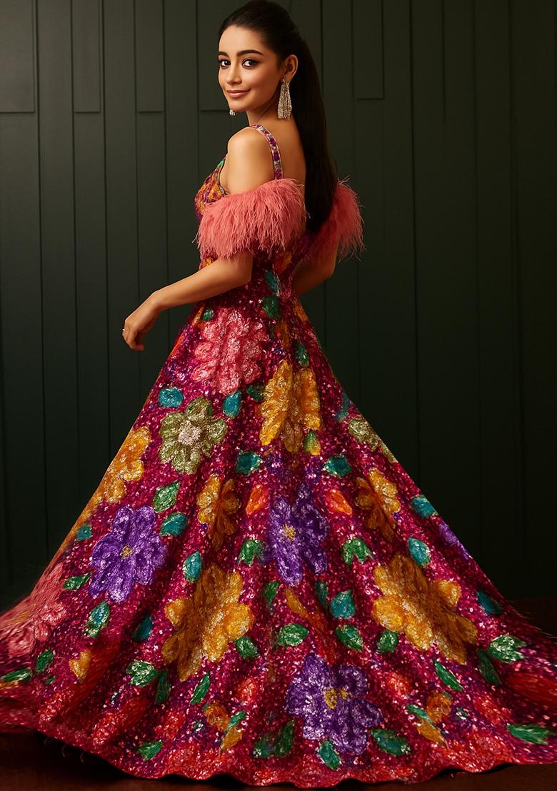 Pink Embroidered Crepe Lehenga Set - Indya