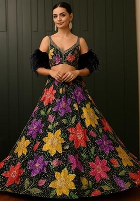 Black Embroidered Crepe Lehenga Set