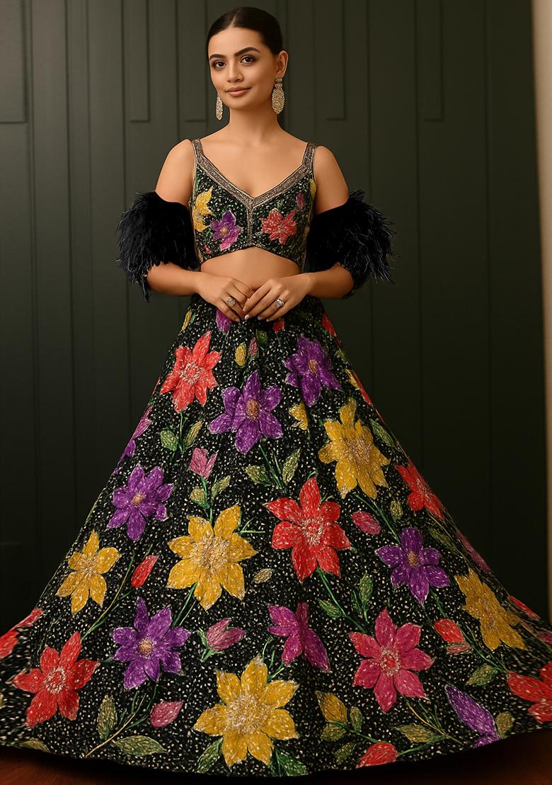 Black Embroidered Crepe Lehenga Set