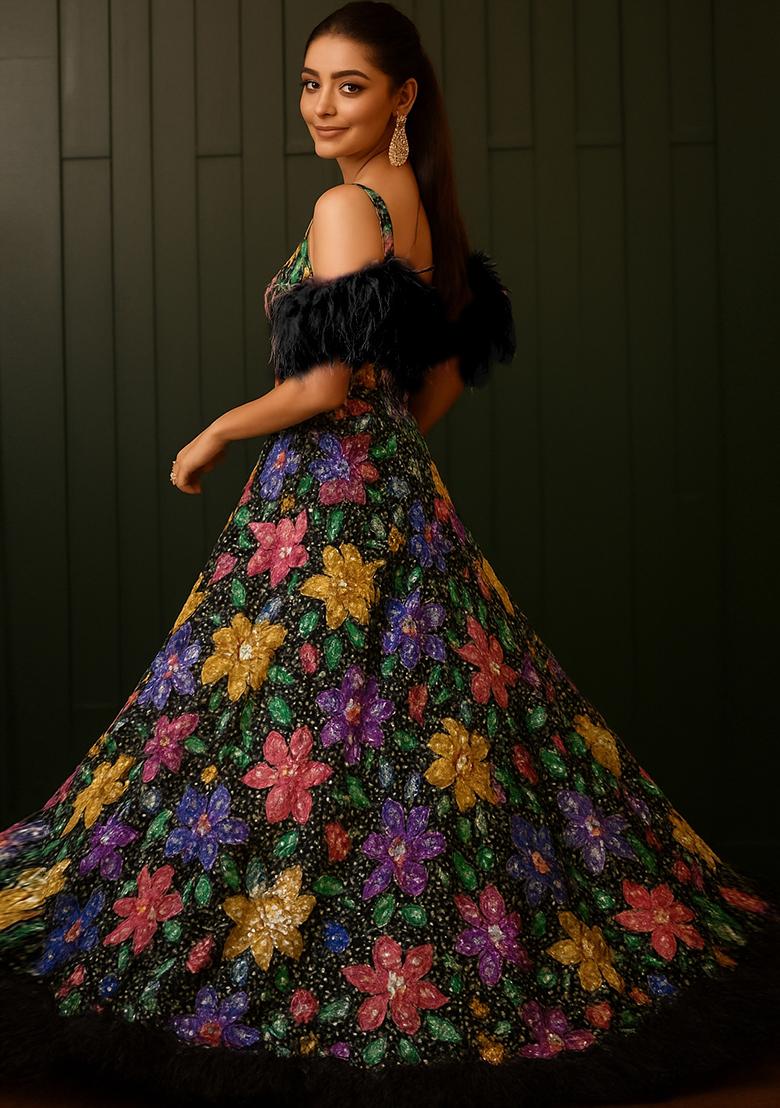 Black Embroidered Crepe Lehenga Set - Indya