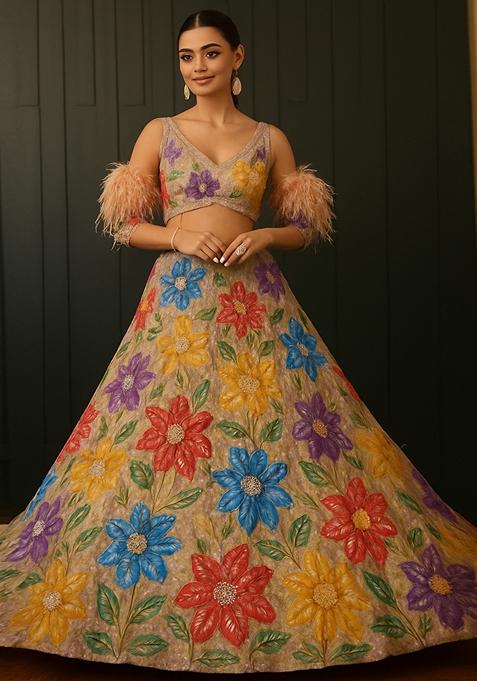 Beige Embroidered Crepe Lehenga Set