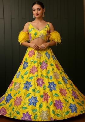 Yellow Embroidered Crepe Lehenga Set