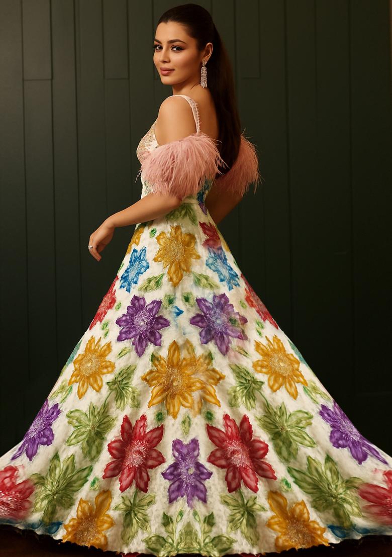 White Embroidered Crepe Lehenga Set - Indya