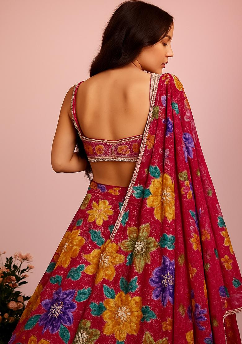 Pink Embroidered Crepe Lehenga Set - Indya