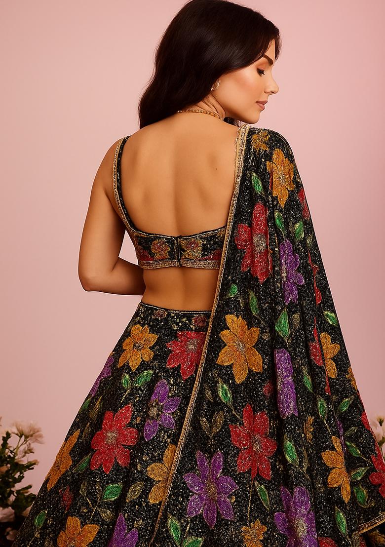 Black Embroidered Crepe Lehenga Set - Indya