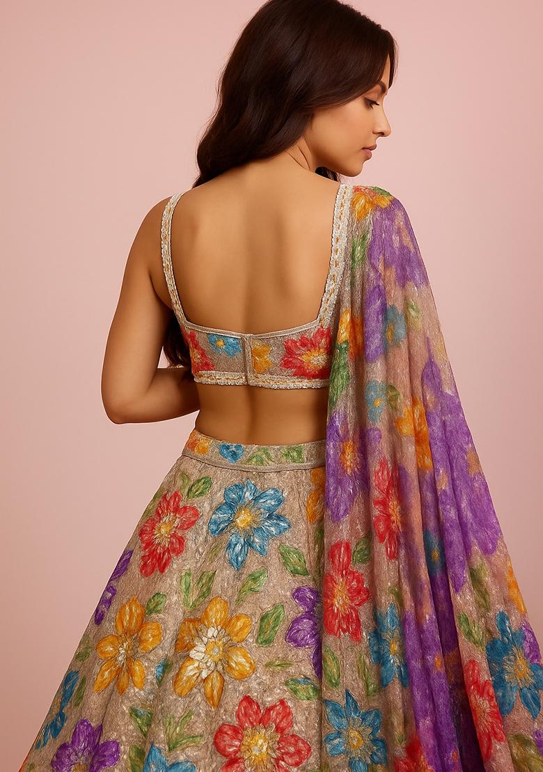 Ivory Embroidered Crepe Lehenga Set - Indya