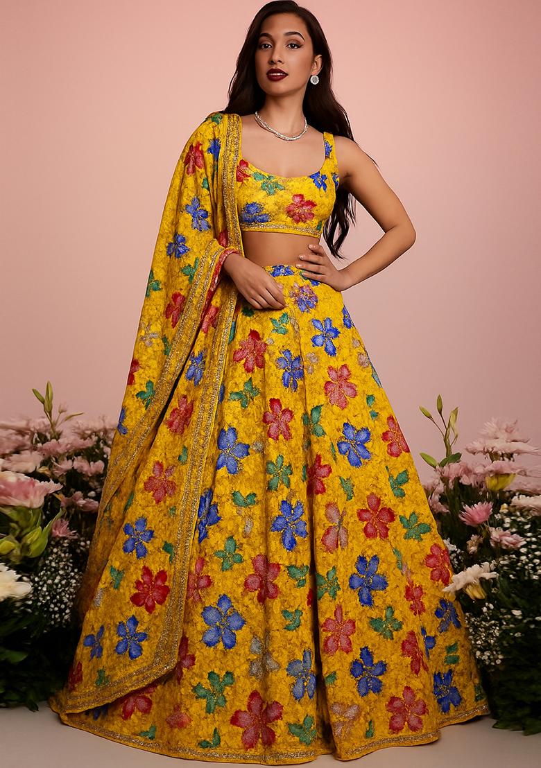 Yellow Embroidered Crepe Lehenga Set