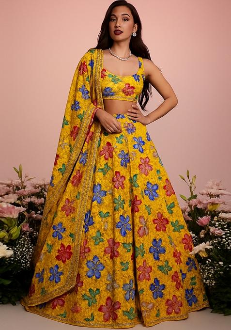 Yellow Embroidered Crepe Lehenga Set