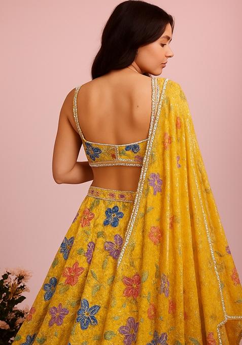 Yellow Embroidered Crepe Lehenga Set