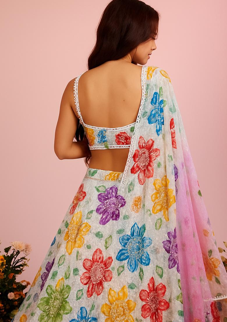 White Embroidered Crepe Lehenga Set - Indya