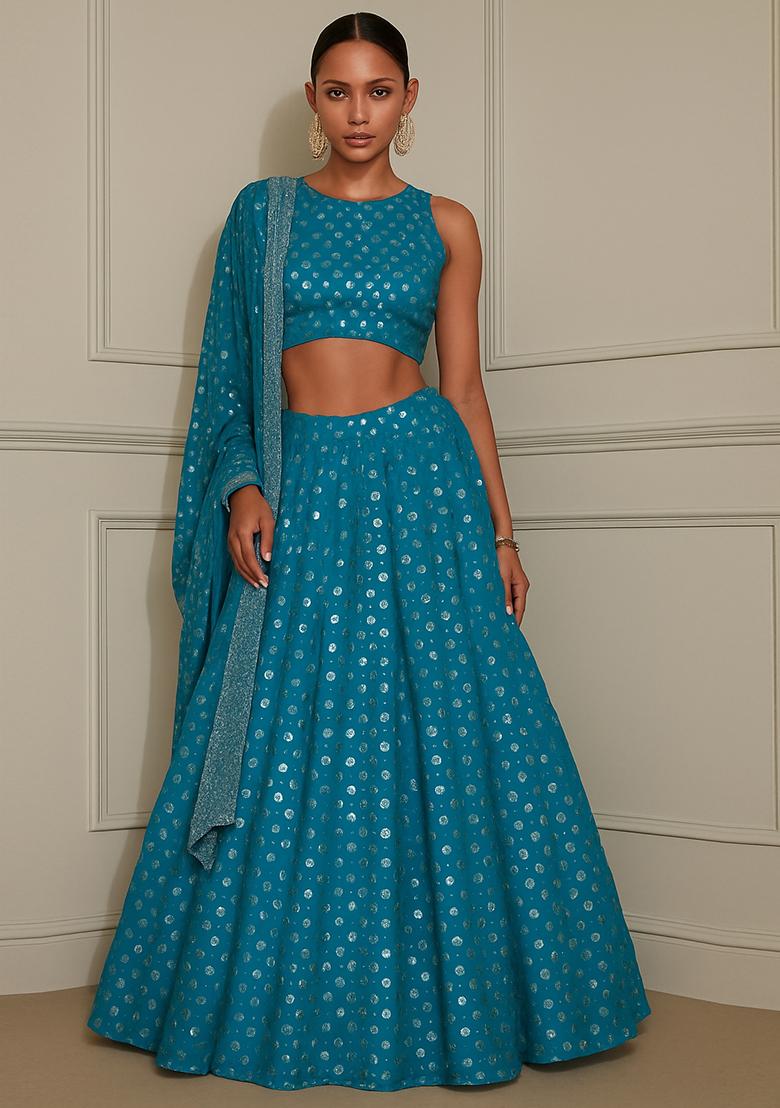 Teal Embroidered Georgette Lehenga Set - Indya