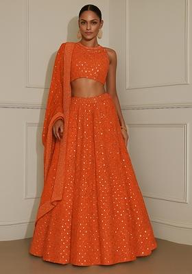 Orange Embroidered Georgette Lehenga Set