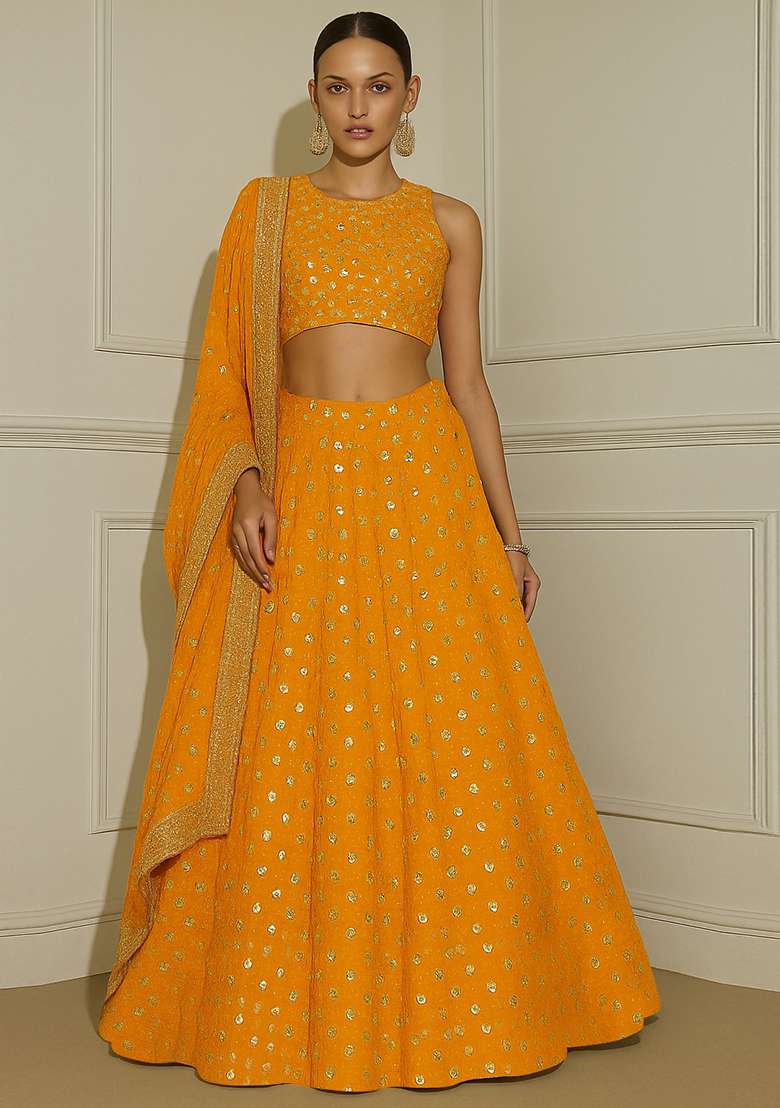 Yellow Embroidered Georgette Lehenga Set - Indya