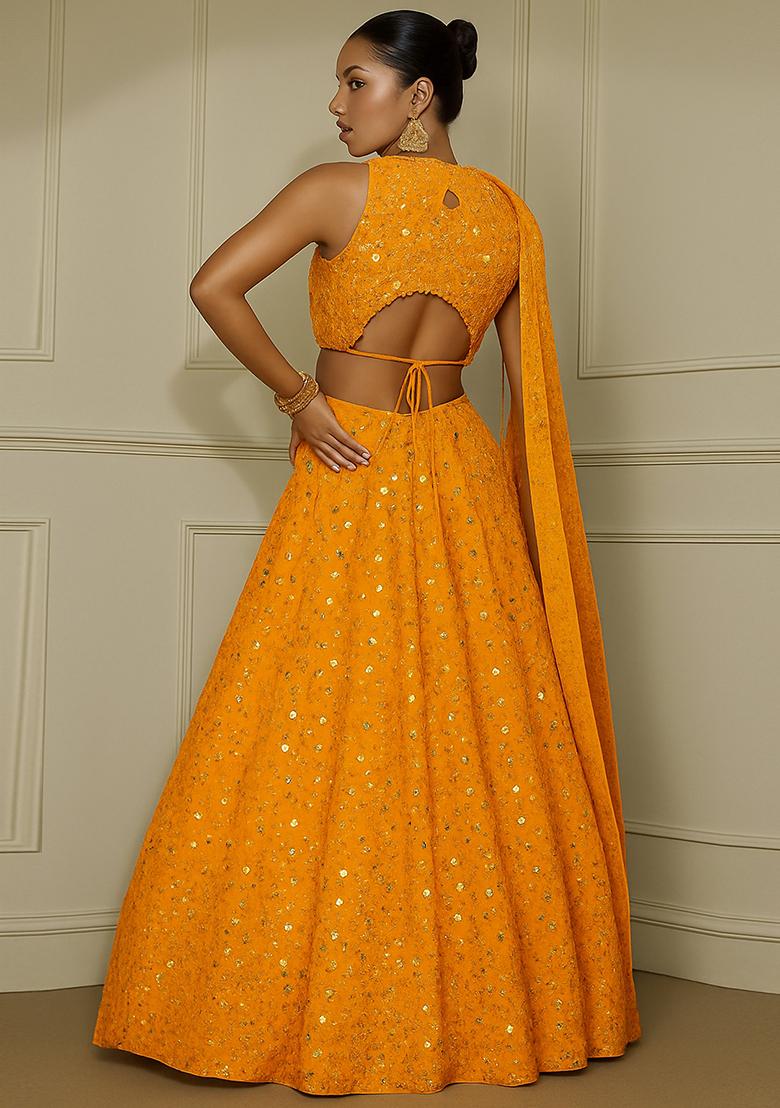 Yellow Embroidered Georgette Lehenga Set - Indya